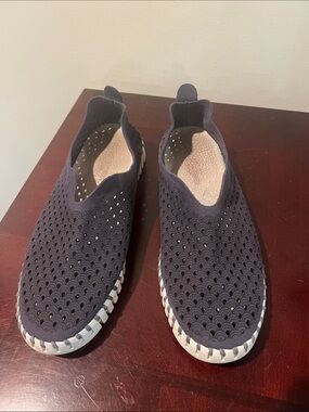 Ilse Jacobsen Navy Perforated Knit Slip-On Flats